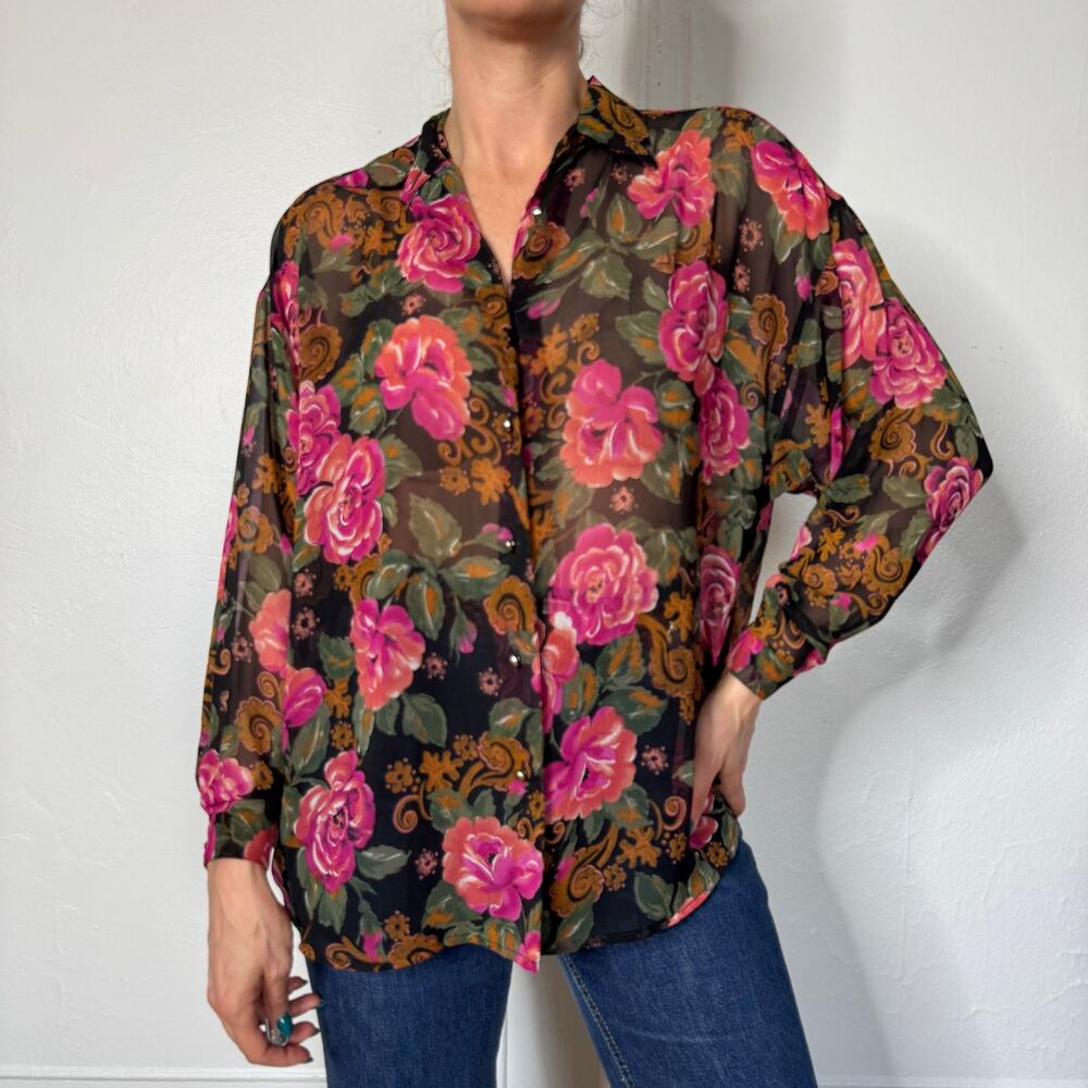 90s Express Compagnie Floral Sheer Blouse Size‎ XL
